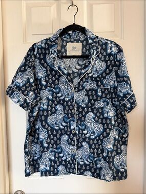 Print fresh tiger queen Navy & White Short-Sleeve pajama shirt medium cotton